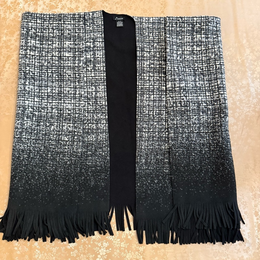 Black White Ombre Ruana Wrap Fringe Poncho Shawl Cardigan Cozy OS Layering Piece